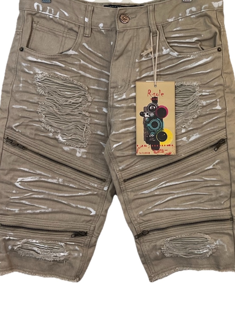 R. Sole Original Classic Mens 32 Beige Twill Distressed Moto Jean Shorts NWT
